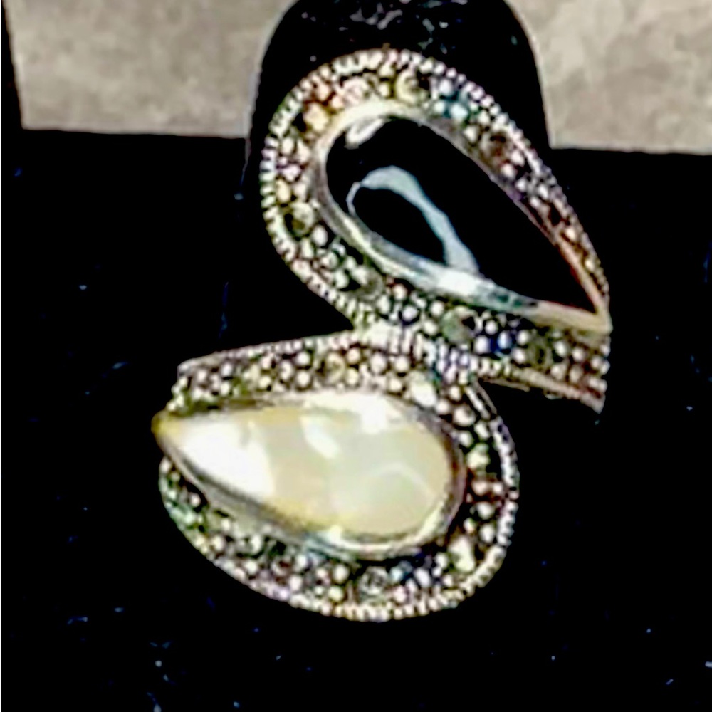 Black onyx mother pearl marcasite Sterling silver ring